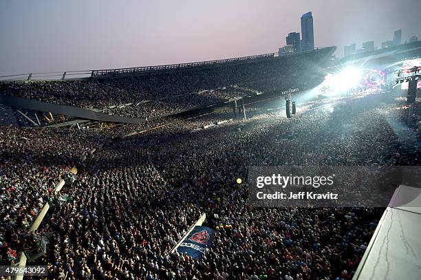 Trey Anastasio, Phil Lesh, Bill Kreutzmann, Bob Weir, Mickey Hart, Jeff Chimenti and Bruce Hornsby of The Grateful Dead perform during the "Fare Thee...