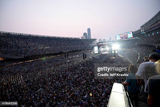 Trey Anastasio, Phil Lesh, Bill Kreutzmann, Bob Weir, Mickey Hart, Jeff Chimenti and Bruce Hornsby of The Grateful Dead perform during the "Fare Thee...