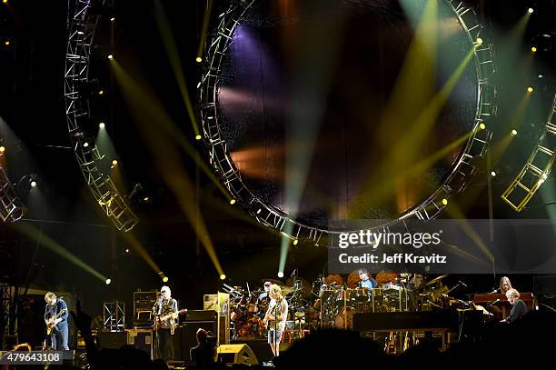 Trey Anastasio, Phil Lesh, Bill Kreutzmann, Bob Weir, Mickey Hart, Jeff Chimenti and Bruce Hornsby of The Grateful Dead perform during the "Fare Thee...