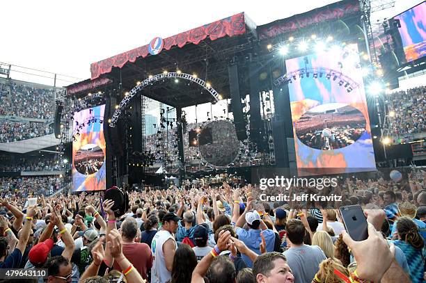 Trey Anastasio, Phil Lesh, Bill Kreutzmann, Bob Weir, Mickey Hart, Jeff Chimenti and Bruce Hornsby of The Grateful Dead perform during the "Fare Thee...