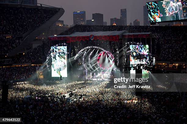 Trey Anastasio, Phil Lesh, Bill Kreutzmann, Bob Weir, Mickey Hart, Jeff Chimenti and Bruce Hornsby of The Grateful Dead perform during the "Fare Thee...