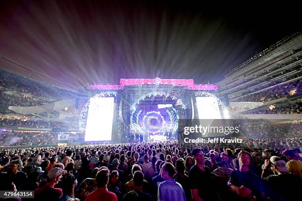 Trey Anastasio, Phil Lesh, Bill Kreutzmann, Bob Weir, Mickey Hart, Jeff Chimenti and Bruce Hornsby of The Grateful Dead perform during the "Fare Thee...