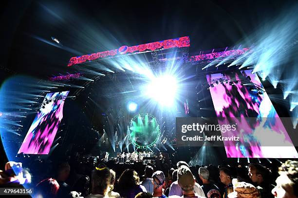 Trey Anastasio, Phil Lesh, Bill Kreutzmann, Bob Weir, Mickey Hart, Jeff Chimenti and Bruce Hornsby of The Grateful Dead perform during the "Fare Thee...