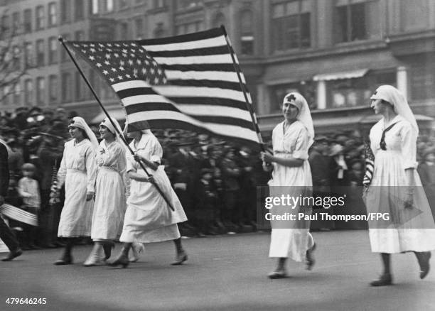 American Red Cross nurses on parade, circa 1917.