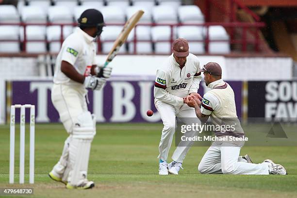 Syed Zaidi of Sussex survives as Peter Trego of Somerset drops a chance at second slip off the bowling of Alfonso Thomas during day two of the LV...