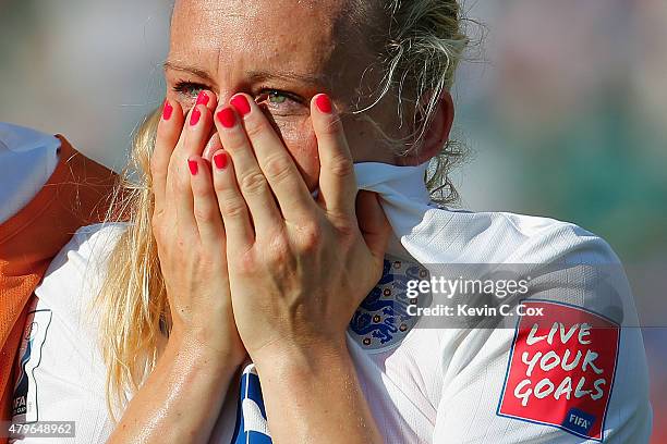 Laura Bassett of England is dejected after the FIFA Women's World Cup Semi Final match between Japan and England at the Commonwealth Stadium on July...