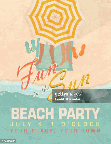 illustrazioni stock, clip art, cartoni animati e icone di tendenza di divertimento al sole sulla spiaggia di design modello di invito - period costume