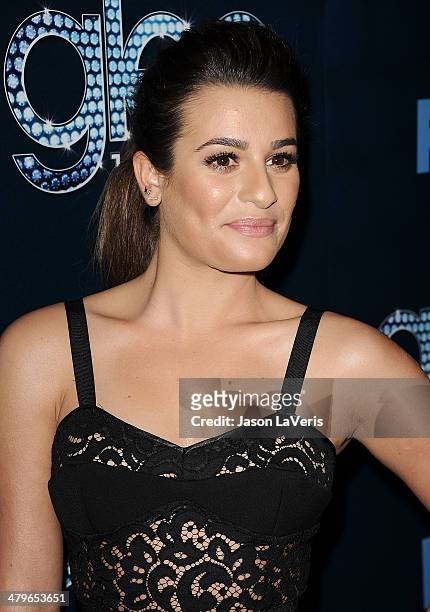 Actress Lea Michele attends the "Glee" 100th episode celebration at Chateau Marmont on March 18, 2014 in Los Angeles, California.