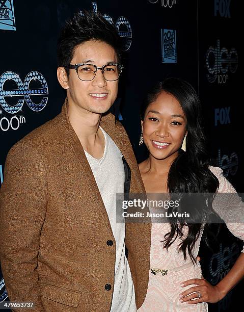 Actor Harry Shum, Jr. And actress Shelby Rabara attend the "Glee" 100th episode celebration at Chateau Marmont on March 18, 2014 in Los Angeles,...