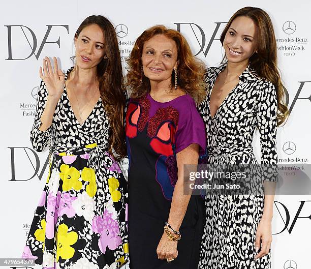 Models Jessica Michibata, Angelica Michibata and designer Diane Von Furstenberg attend the DIANE von FURSTENBERG show as part of Mercedes Benz...