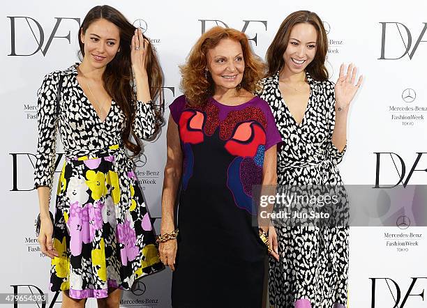 Models Jessica Michibata, Angelica Michibata and designer Diane Von Furstenberg attend the DIANE von FURSTENBERG show as part of Mercedes Benz...