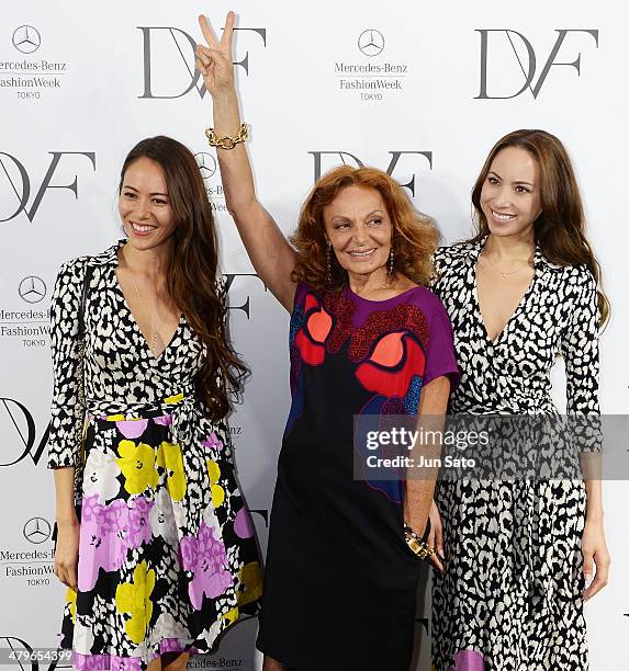 Models Jessica Michibata, Angelica Michibata and designer Diane Von Furstenberg attend the DIANE von FURSTENBERG show as part of Mercedes Benz...