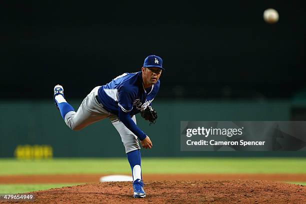 Zach Lee of the Dodgers pitches during the match between Team Australia and the LA Dodgers at Sydney Cricket Ground on March 20, 2014 in Sydney,...
