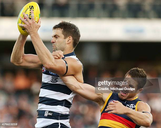 Jared Rivers of the Cats marks the ball during the round one AFL match between the Geelong Cats and the Adelaide Crows at Skilled Stadium on March...