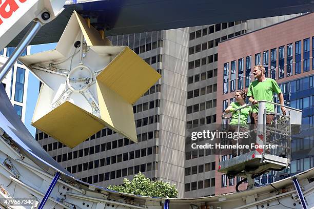 The Euro sculpture, near the old ECB headquarters, undergoes maintenance on July 6, 2015 in Frankfurt, Germany. The DAX dropped slightly in the...