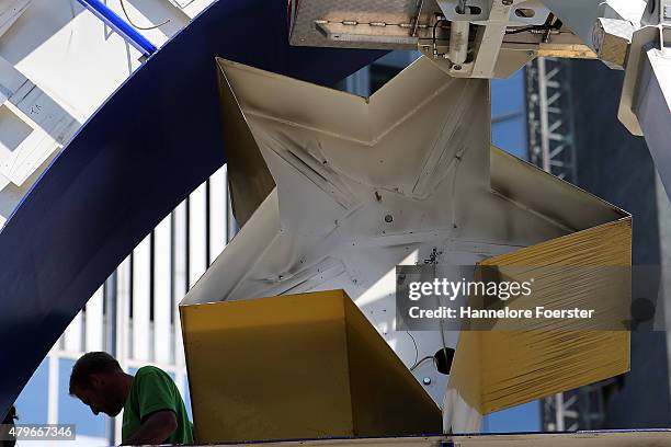 The Euro sculpture, near the old ECB headquarters, undergoes maintenance on July 6, 2015 in Frankfurt, Germany. The DAX dropped slightly in the...