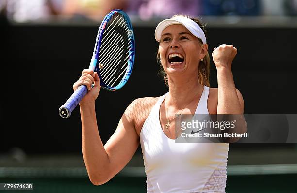 Maria Sharapova of Russia celebrates match point in her Ladies' Singles Fourth Round match against Zarina Diyas of Kazakhstan during day seven of the...