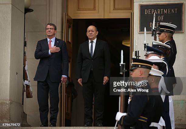 Secretary of Defense Ashton Carter participates in an honor cordon to welcome France Minister of Defense Jean-Yves Le Drian to visit the Pentagon...