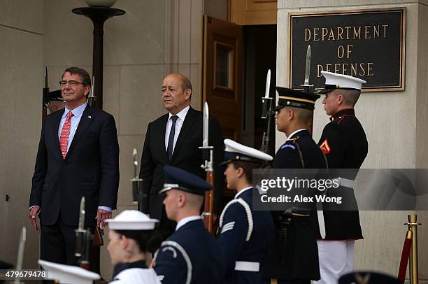 Secretary of Defense Ashton Carter participates in an honor cordon to welcome France Minister of Defense Jean-Yves Le Drian to visit the Pentagon...