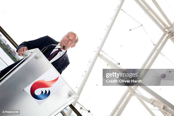 First mayor of Hamburg Olaf Scholz speak during the press conference Hamburg Launches Olympia 2024 Bid Process on July 6, 2015 in Hamburg, Germany.