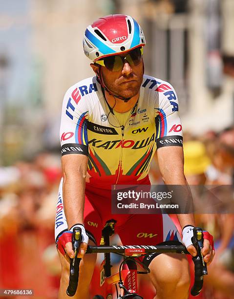 Luca Paolini of Italy and Team Katusha rides ahead of the start of stage three of the 2015 Tour de France, a 159.5 km stage between Anvers and Huy,...