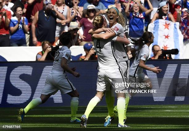 Defender Becky Sauerbrunn and USA defender Julie Johnston celebrate during the 2015 FIFA Women's World Cup final between the USA and Japan at the BC...