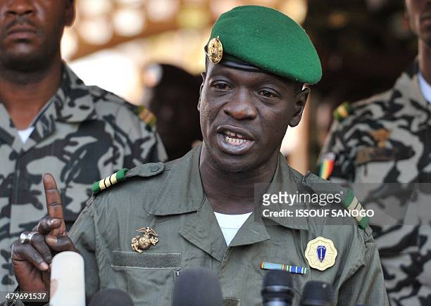 Malian military junta leader captain Amadou Sanogo speaks on April 3, 2012 at Kati military camp near Bamako. Mali's under-fire junta called a...