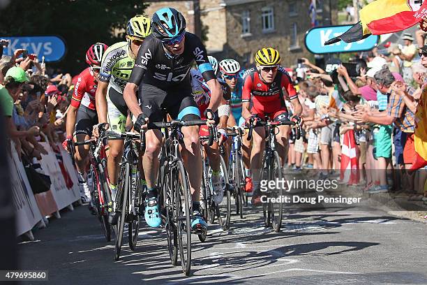 Chris Froome of Great Britain riding for Team Sky leads the race ahead of Alberto Contador of Spain riding for Tinkoff-Saxo and Tejay van Garderen of...