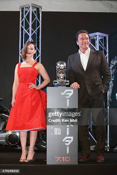 Emilia Clarke and Arnold Schwarzenegger attend the Tokyo Premiere of 'Terminator Genisys' at the Roppongi Hills Arena on July 6, 2015 in Tokyo, Japan.