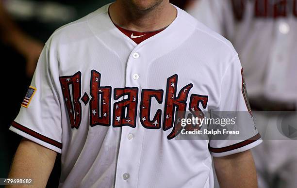 An Arizona Diamondbacks player wears a special MLB jersey celebrating the 4th of July during a game against the Colorado Rockies at Chase Field on...