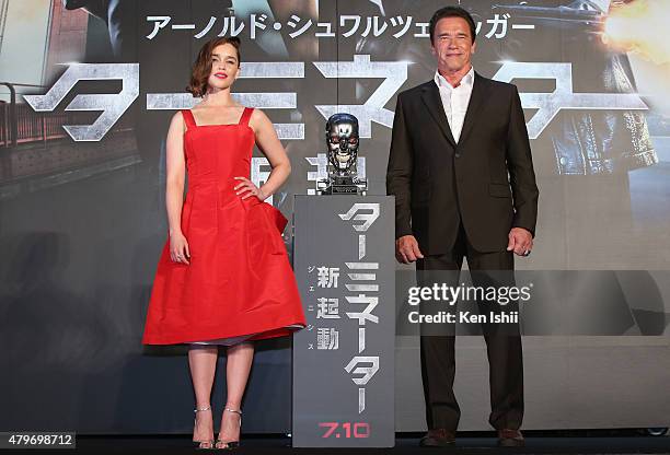 Emilia Clarke and Arnold Schwarzenegger attend the Tokyo Premiere of 'Terminator Genisys' at the Roppongi Hills Arena on July 6, 2015 in Tokyo, Japan.