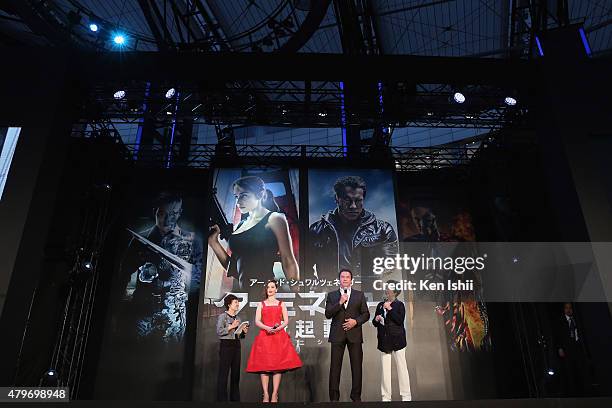 Emilia Clarke and Arnold Schwarzenegger attend the Tokyo Premiere of 'Terminator Genisys' at the Roppongi Hills Arena on July 6, 2015 in Tokyo, Japan.