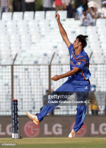 Shapoor Zadran of Afghanistan bowls during the Afghanistan v Nepal match at the ICC World Twenty20 Bangladesh 2014 played at Zahur Ahmed Chowdhury...