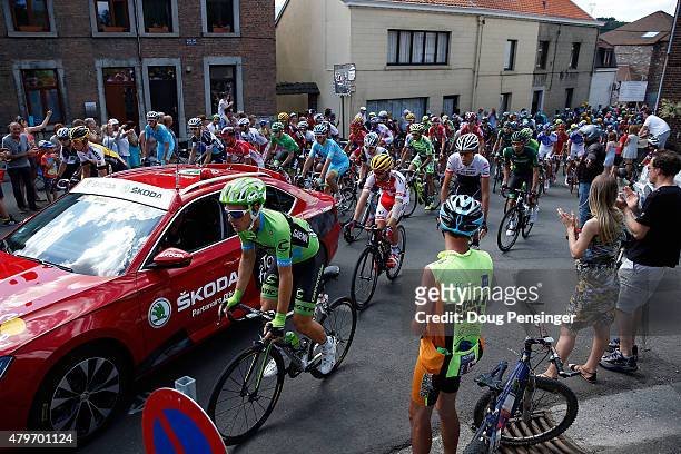 The peloton is neutralized for a restart after a crash with 65km remaining in stage three of the 2015 Tour de France from Anvers to Huy on July 6,...
