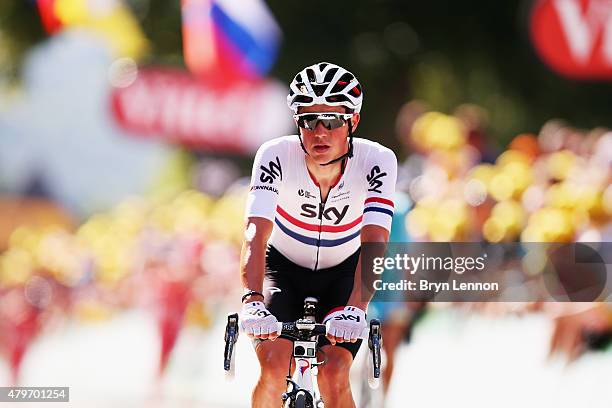 Pete Kennaugh of Great Britain and Team SKY rides up the Mur de Huy at the end of stage three of the 2015 Tour de France, a 154km stage between...