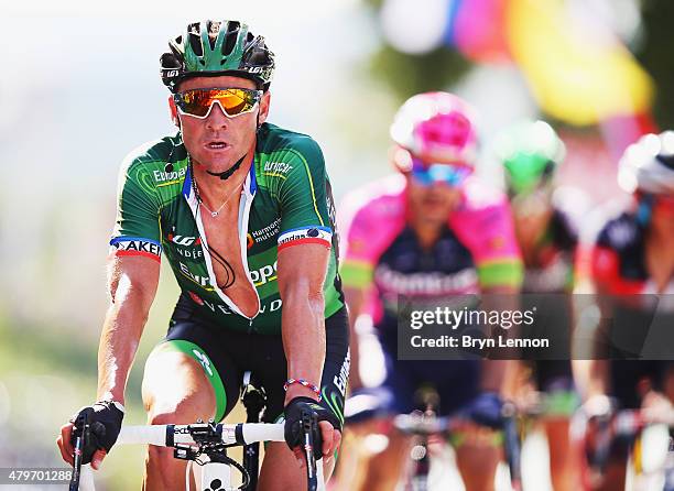 Thomas Voeckler of France and Team Europcar rides up the Mur de Huy at the end of stage three of the 2015 Tour de France, a 154km stage between...