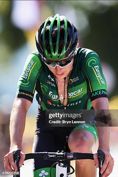 Cyril Gautier of France and Team Europcar crosses the finish line on stage three of the 2015 Tour de France, a 154km stage between Antwerp and Huy,...