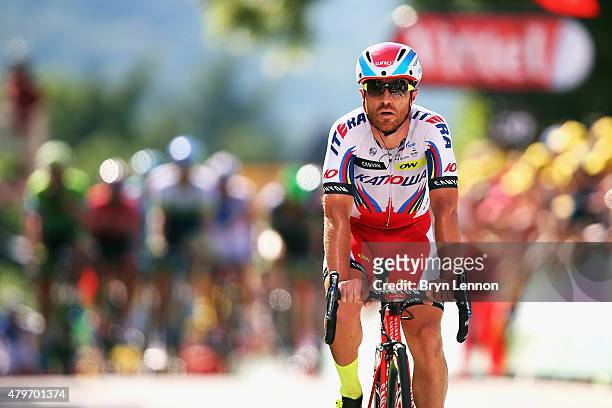 Luca Paolini of Italy and Team Katusha crosses the finish line on stage three of the 2015 Tour de France, a 154km stage between Antwerp and Huy, on...