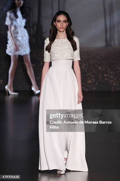 Model walks the runway during the Ralph & Russo show as part of Paris Fashion Week Haute Couture Fall/Winter 2015/2016 on July 6, 2015 in Paris,...