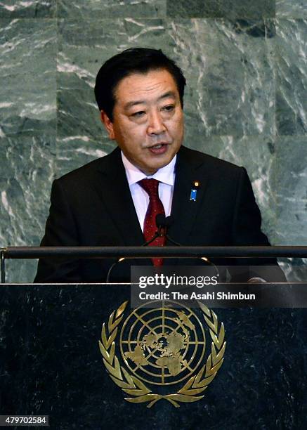 Japanese Prime Minister Yoshihiko Noda addresses during the United Nations General Assembly on September 23, 2011 in New York City. The annual event,...