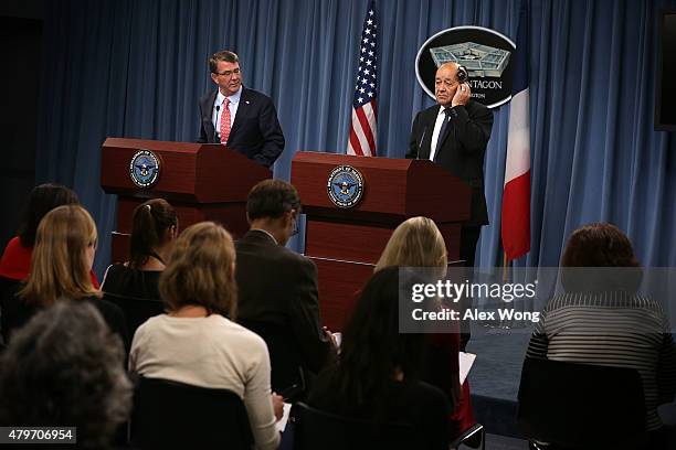 Secretary of Defense Ashton Carter and French Minister of Defense Jean-Yves Le Drian conduct a joint news conference at the Pentagon July 6, 2015 in...