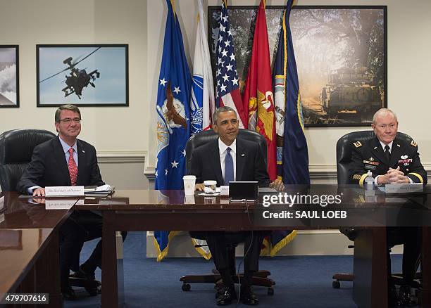 President Barack Obama holds a meeting with Secretary of Defense Ashton Carter , Chairman of the Joint Chiefs of Staff Martin Dempsey and top...