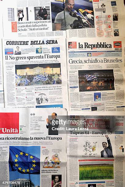 Italian daily newspapers are displayed the day after Greece's austerity referendum which dominates the Italian front pages today, on July 6, 2015 in...