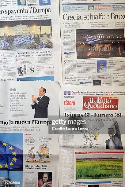 Italian daily newspapers are displayed the day after Greece's austerity referendum which dominates the Italian front pages today, on July 6, 2015 in...