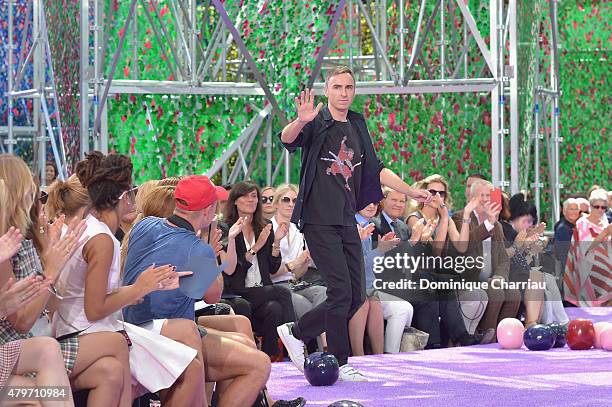 Designer Raf Simons greet the guest at the end of the Christian Dior show as part of Paris Fashion Week Haute Couture Fall/Winter 2015/2016 on July...