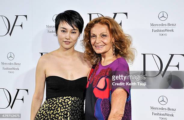 Actress Rinko Kikuchi and designer Diane Von Furstenberg attend the DIANE von FURSTENBERG show as part of Mercedes Benz Fashion Week TOKYO 2014 A/W...