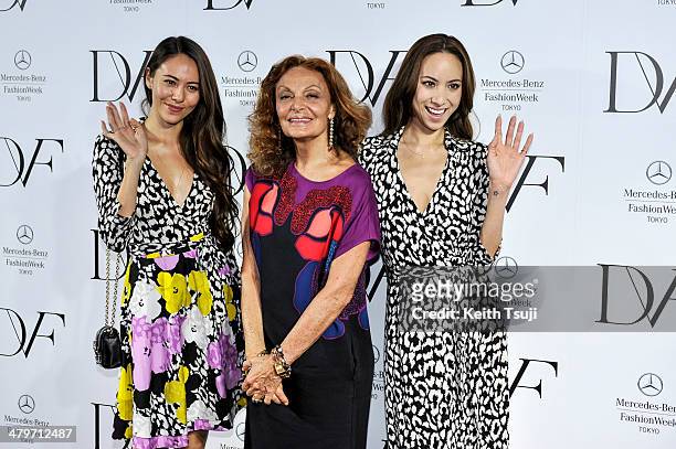 Model Jessica Michibata, designer Diane Von Furstenburg and model Angelica Michibata attend the DIANE von FURSTENBERG show as part of Mercedes Benz...