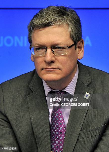 Laszlo Andor, EU commissioner for employment, social affairs and inclusion, attends a press conference during the Tripartite Social Summit at the EU...