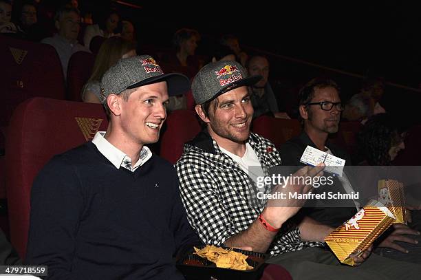 Thomas Morgenstern and Benjamin Karl pose for a photograph at the premiere of the film 'Cerro Torre - Nicht den Auch einer Chance' at Kino Village at...