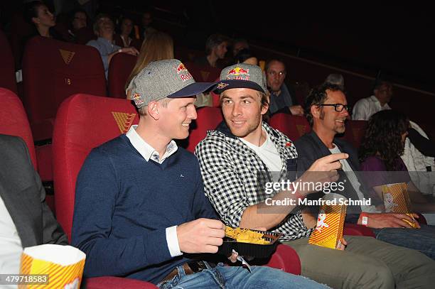 Thomas Morgenstern and Benjamin Karl pose for a photograph at the premiere of the film 'Cerro Torre - Nicht den Auch einer Chance' at Kino Village at...